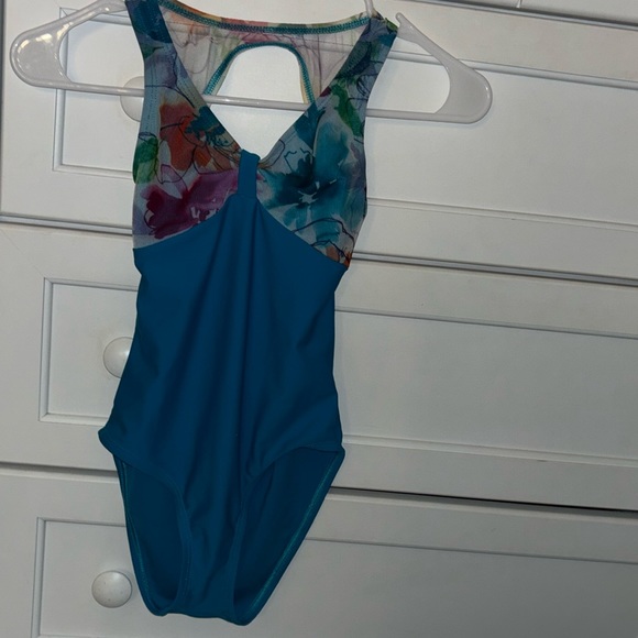 Large child colourful bodysuit. Audition dance wear leotard. Turquoise & flowers - Picture 1 of 4